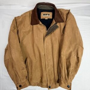 RFT by Rainforest Mens XL Faux Suede Bomber Jacket Brown Leather Collar Quilted